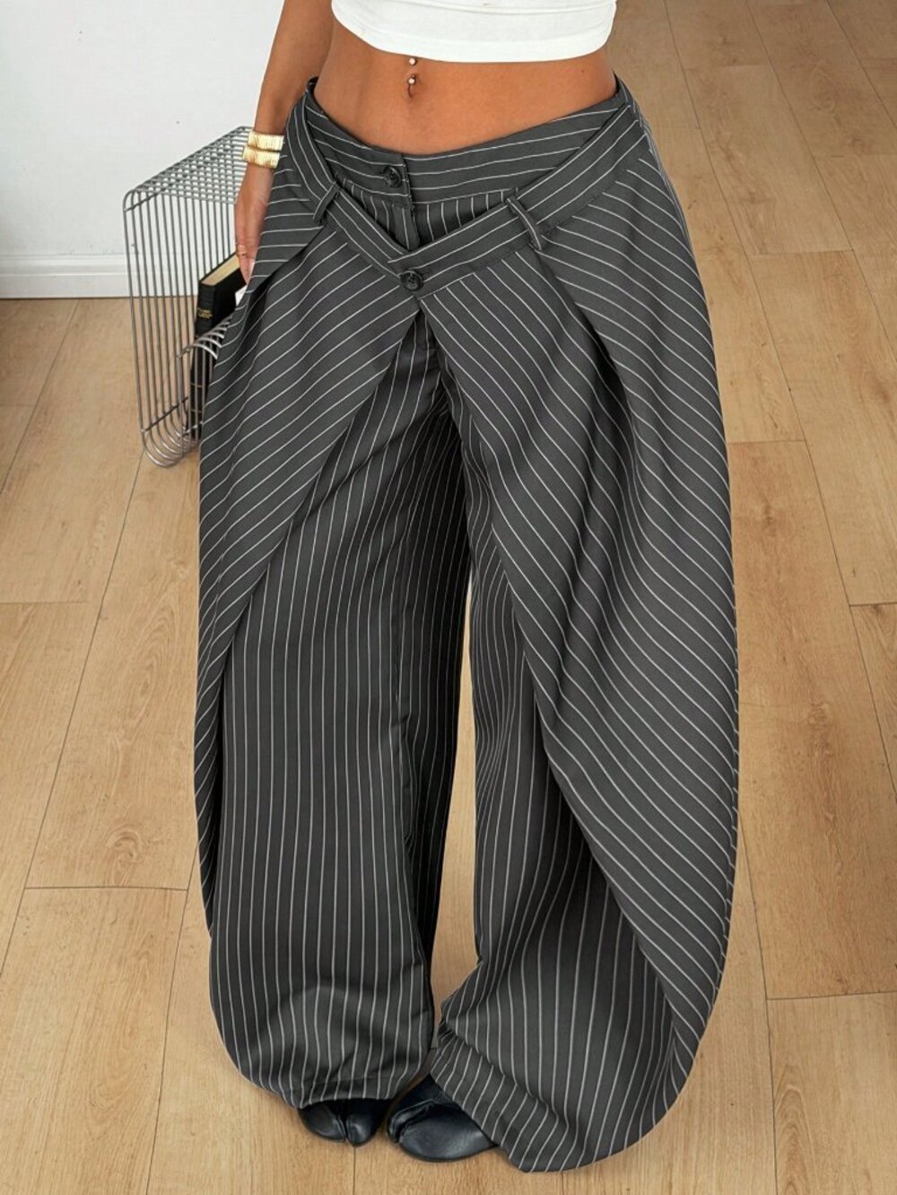 Grey Casual Women's Striped Baggy Wide Leg Curved Hem Office Pants - Picture 5 of 7